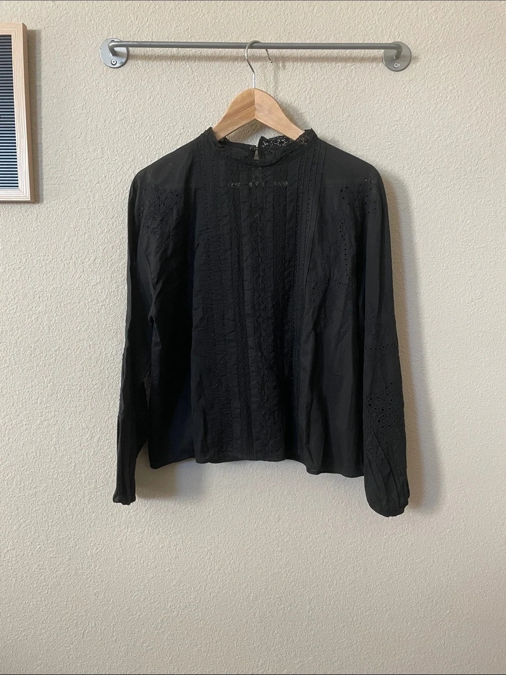 Zara Black Lace-Trim Long-Sleeve Blouse Top Sz:M Black